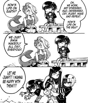 Rule 34 | 3koma, 4girls, bandaid, bandaid on leg, bare shoulders, black choker, black hair, bracelet, choker, comic, corrupted twitter file, ear piercing, emo-girl (grs-), english text, goth-girl (grs-), greyscale, grs-, hair ornament, highres, jewelry, long hair, medium hair, mermaid, metal-girl (grs-), monochrome, monster girl, multicolored hair, multiple girls, no mouth, ocean, original, piercing, pointy ears, ponytail, rock, short ponytail, sitting, sleeveless, spiked bracelet, spikes, starfish, starfish hair ornament, sweat, sweatdrop, torn clothes, white background, white hair