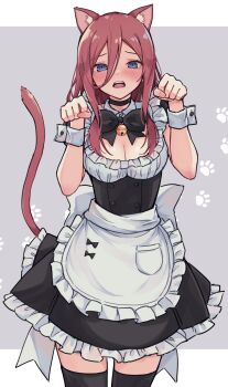 1girl alternate_costume animal_ear_fluff animal_ears apron back_bow bell black_bow black_bowtie black_choker black_dress black_thighhighs blue_eyes blush bow bowtie breasts brown_hair cat_ears cat_tail choker cleavage commentary dress embarrassed enmaided eyelashes fake_animal_ears frilled_apron frilled_dress frills furrowed_brow go-toubun_no_hanayome grey_background hair_between_eyes hair_over_breasts half-closed_eyes hands_up highres large_breasts long_hair looking_at_viewer maid maid_apron maid_headdress medium_breasts nakano_miku neck_bell open_mouth paw_pose paw_print paw_print_background profnote ribbon sidelocks simple_background solo standing tail teeth thighhighs upper_teeth_only white_apron white_bow white_ribbon white_wrist_cuffs wrist_cuffs