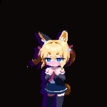 1girl @_@ animal_ear_fluff animal_ears animated animated_gif birdman46049238 black_background black_thighhighs blonde_hair blue_eyes blue_skirt blush embarrassed flying_sweatdrops fox_ears fox_girl fox_tail full-face_blush hair_between_eyes hair_ribbon highres looking_at_viewer looping_animation neckerchief nose_blush original pixel_art ribbon sailor_collar school_uniform short_eyebrows short_twintails skirt solo standing swaying tail thick_eyebrows thighhighs twintails zettai_ryouiki