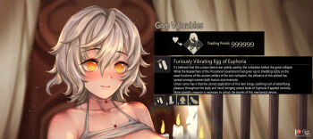 1girl bad_id bad_pixiv_id bare_shoulders blush breasts butt_plug code_vein commentary dildo eggplant english_text female_focus foxyreine gameplay_mechanics heart highres io_(code_vein) jewelry large_breasts medium_breasts messy_hair necklace sex_toy smile solo torn_clothes vibrator yellow_eyes