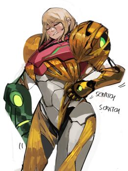 Rule 34 | 1girl, 33dot, absurdres, arm cannon, armor, blonde hair, closed eyes, highres, long hair, metroid, metroid dread, multicolored armor, nintendo, power armor, power suit (metroid), samus aran, simple background, sweat, varia suit, weapon, white background