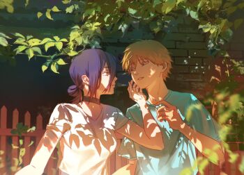 1boy 1girl aqua_shirt black_choker blonde_hair chainsaw_man choker commentary dappled_sunlight day denji_(chainsaw_man) eye_contact hand_up heterochromia highres kozzzy leaf looking_at_another outdoors purple_hair reze_(chainsaw_man) shirt sidelocks sunlight t-shirt upper_body white_shirt