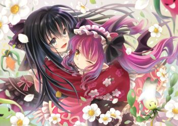 Rule 34 | 2girls, avatar (eco), black bow, black eyes, black hair, black hairband, black wings, bow, bow hairband, canon (eco), commentary request, creature, dress, drill hair, emil chronicle online, floral background, frilled dress, frilled hairband, frilled jacket, frills, hair bow, hairband, hug, jacket, long hair, low drills, multiple girls, one eye closed, open mouth, pink dress, pointy ears, red jacket, shiina yuuto, twin drills, twintails, wide sleeves, wing ornament, wings, yellow eyes