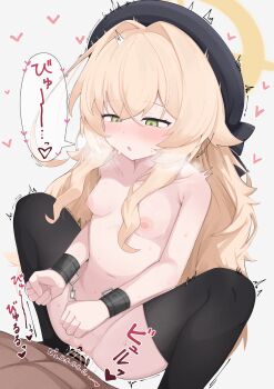 1boy 1girl absurdres bar_censor bdsm black_hat black_thighhighs blonde_hair blue_archive blush bondage bound bound_wrists breasts censored commentary_request cowgirl_position cum cum_in_pussy cum_overflow ejaculation green_eyes hair_intakes half-closed_eyes halo hat heart hetero highres long_hair nipples nude parted_lips penis professor_niyaniya_(blue_archive) pussy sex simple_background small_breasts solo_focus sound_effects squatting_cowgirl_position straddling sugarplus sweat thighhighs vaginal variant_set very_long_hair white_background yellow_halo