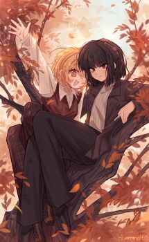 2girls :d absurdres autumn_leaves black_footwear black_hair black_jacket black_pants blazer blonde_hair bob_cut brown_footwear brown_pants brown_vest cheromo159 cigarette collared_shirt don_quixote_(project_moon) highres holding holding_cigarette jacket knees_up lapels leaf limbus_company multiple_girls on_tree open_mouth orange_eyes outdoors pants plaid_clothes plaid_pants plaid_vest project_moon red_eyes ribbed_sweater ryoshu_(project_moon) shirt short_hair sitting smile sweater turtleneck turtleneck_sweater vest waving white_shirt white_sweater