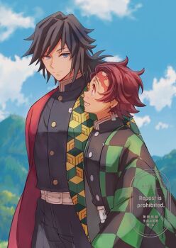 2boys black_hair black_jacket checkered_haori closed_mouth demon_slayer_uniform grin haori high_collar highres hnt_log jacket japanese_clothes kamado_tanjirou kikkoumon kimetsu_no_yaiba long_hair looking_at_another low_ponytail male_focus multiple_boys outdoors ponytail print_haori smile spiked_hair teeth tomioka_giyuu walking