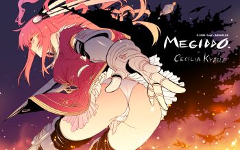 1girl aquaplus armor artist_request ass bare_shoulders black_thighhighs cameltoe cecilia_kybele female_focus foreshortening gauntlets glowing glowing_eye greaves hair_ornament highres kimi_ga_yobu_megiddo_no_oka_de leaf_(studio) panties pantyshot parted_lips pink_hair skirt solo thighhighs underwear upskirt white_panties yellow_eyes