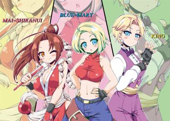 3girls blonde_hair blue_eyes blue_mary breasts character_name denim english_text fatal_fury fingerless_gloves gloves hand_on_own_hip hands_on_own_hips highres japanese_clothes jeans jewelry king_(snk) large_breasts legs looking_at_viewer midriff multiple_girls navel one_eye_closed panties pants panty_peek parted_lips ponytail ryuuko_no_ken shiranui_mai short_hair sideboob smile snk the_king_of_fighters thighs toned underwear wink