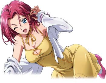 1girl arm_up artist_request bare_shoulders bent_over blue_eyes blush breasts cleavage cleavage_cutout clothing_cutout code_geass code_geass:_lost_stories dress female_focus forehead game_cg hair_intakes kouzuki_kallen large_breasts leaning_forward leg_up long_sleeves looking_down neck_ribbon non-web_source off_shoulder official_art one_eye_closed open_clothes open_shirt orange_ribbon pink_shoes playing_with_own_hair red_hair ribbon shirt shoes short_hair sidelocks simple_background sleeveless sleeveless_dress solo spaghetti_strap standing standing_on_one_leg sweat thighhighs transparent_background white_shirt white_thighhighs yellow_dress