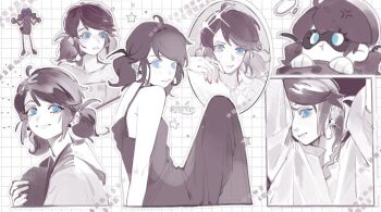 1girl blue_eyes dress earrings fufu49829 greyscale jewelry ladybug_(miraculous_ladybug) light_blush light_smile looking_at_viewer looking_to_the_side low_twintails marinette_dupain-cheng miraculous_ladybug monochrome multiple_expressions nail_polish star_(symbol) sweater twintails