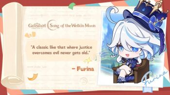 1girl ahoge asymmetrical_gloves black_gloves black_shoes blue_eyes blue_hair blue_hat character_name chibi commentary couch drop-shaped_pupils english_commentary english_text furina_(genshin_impact) genshin_impact gloves hair_between_eyes hat heterochromia long_hair_between_eyes long_sleeves looking_to_the_side mismatched_gloves mismatched_pupils multicolored_hair official_art on_couch open_mouth shoes short_hair sitting smile socks solo symbol-shaped_pupils thigh_strap top_hat two-tone_hair white_gloves white_hair white_socks