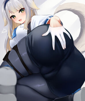 1girl :d animal_ears ass black_pantyhose black_shorts blonde_hair blurry blurry_foreground blush breasts cameltoe depth_of_field dog_ears dog_tail festa11307070 gloves green_eyes grey_hair half_gloves large_breasts looking_at_viewer multicolored_hair nijisanji open_mouth paid_reward_available pantyhose pantyhose_under_shorts shioriha_ruri shioriha_ruri_(1st_costume) shirt shoe_soles short_sleeves shorts smile solo streaked_hair tail two-tone_hair variant_set virtual_youtuber white_gloves white_shirt