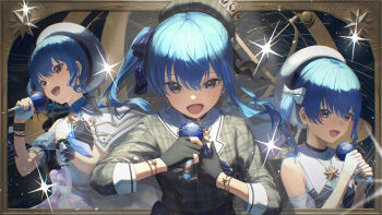 :d absurdres bare_shoulders beret black_choker black_gloves blue_eyes blue_gloves blue_hair bow choker commentary_request crown fingerless_gloves gloves hair_between_eyes hair_ornament hat highres holding holding_microphone hololive hoshimachi_suisei hoshimachi_suisei_(1st_costume) long_hair looking_at_viewer microphone mini_crown open_mouth side_ponytail smile star_(symbol) tokaki virtual_youtuber white_bow white_gloves white_hat