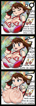baby_bottle blue_eyes bottle breasts brown_hair chibikin dress gloves greyimpaction highres huge_breasts huge_nipples lactation large_areolae may_(pokemon) may_(sygna_suit)_(pokemon) milk nintendo official_alternate_costume pokemon pokemon_masters_ex spanish_text udder