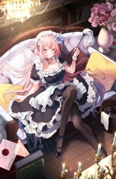 1girl absurdres alternate_costume black_dress black_pantyhose bookshelf breasts bucket bucket_of_water candlestand chandelier cleavage commentary_request cyrene_(honkai:_star_rail) cyrene_(ripples_of_past_reverie)_(honkai:_star_rail) dress flower from_above hair_flower hair_ornament hare_(hare_1730) high_heels highres holding honkai:_star_rail honkai_(series) indoors large_breasts letter long_hair maid pantyhose pink_hair pointy_ears purple_eyes solo very_long_hair wooden_floor