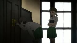 Rule 34 | 1boy, 2girls, animated, ass, audible speech, bent over, black hair, breasts, brown hair, closed eyes, devilman, devilman crybaby, dry humping, english audio, grabbing another's ass, groping, highres, humping, laughing, legs, low twintails, multiple girls, necktie, open mouth, pants, school uniform, short hair, skirt, small breasts, smile, sound, surprised, tagme, thighs, tomboy, twintails, unamused, video, yuki akira, yuri