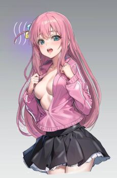 1girl aqua_eyes black_skirt bocchi_the_rock! breasts commentary_request cropped_legs cube_hair_ornament gotoh_hitori gradient_background grey_background hair_ornament highres huo_ji_wu jacket large_breasts long_hair long_sleeves looking_at_viewer no_bra open_mouth partially_unzipped pink_hair pink_jacket pleated_skirt skirt solo teeth track_jacket upper_teeth_only