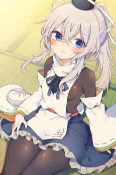 1girl bare_shoulders black_hat black_pantyhose blue_eyes blue_skirt blush breasts closed_mouth commentary_request frilled_skirt frills from_above grey_hair hat highres japanese_clothes kariginu long_hair looking_at_viewer medium_breasts mononobe_no_futo nipples pantyhose ponytail ribbon-trimmed_sleeves ribbon_trim sideboob sitting skirt solo sweat tama_(soon32281) tatami tate_eboshi touhou translation_request variant_set very_long_hair