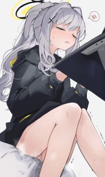 1girl black_jacket blue_archive blush breath closed_eyes cross cross_hair_ornament embarrassed female_focus from_below grey_background grey_hair hair_intakes hair_ornament halo hare_(blue_archive) have_to_pee highres hood hood_down hooded_jacket jacket knees_together_feet_apart leaning_forward legs long_hair long_sleeves mikozin nose_blush open_mouth pee peeing peeing_self ponytail pussy_juice sidelocks simple_background sitting solo speech_bubble spoken_blush steam sweat tears trembling typing