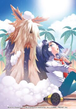 1boy :o black_hair blue_pants blue_sky cheren_(pokemon) cloud collared_shirt commentary_request company_name copyright_name copyright_notice day gen_5_pokemon hair_over_eyes mizue necktie nintendo official_art open_mouth outdoors palm_tree pants pokemon pokemon_(creature) pokemon_bw2 pokemon_tcg red_necktie shirt sitting sky soap_bubbles stoutland sun tree wet white_shirt