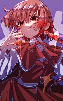 Rule 34 | 1girl, ahodemoaru, bow, braid, cape, capelet, dress, food, fruit, hashtag-only commentary, highres, holding, holding food, holding fruit, long hair, long sleeves, okazaki yumemi, one-hour drawing challenge, red capelet, red eyes, red hair, shirt, skirt, smile, strawberry, tongue, tongue out, touhou, touhou (pc-98), vest, white shirt