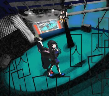 3girls absurdres aden_(game) ahoge ankle_socks bike_shorts black_hair black_shorts black_sports_bra blonde_hair blood blue_dress blue_eyes blue_jacket blue_shoes blue_skirt bob_cut brown_hair crowd crying dress from_above full_body highres impaled injury jacket looking_at_another low_twintails mogiki_toaka multiple_girls multiple_others palettestad pinafore_dress pink_bag pleated_skirt projector red_eyes red_shoes scar scared security_shutter shadow shirt shoes shorts skirt sleeveless sleeveless_dress sneakers socks sonikami_kobako sports_bra stage stage_lights swept_bangs third_eye too_many_eyes twintails wanibuchi_suzume white_shirt white_socks