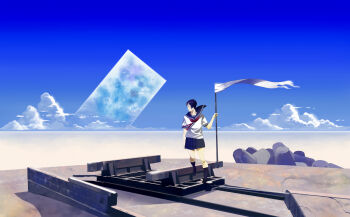 Rule 34 | 1girl, bad id, bad pixiv id, blue hair, bunker, cloud, desert, female focus, highres, moon, original, scenery, school uniform, serafuku, shiira, short hair, sky, solo, tetrapod