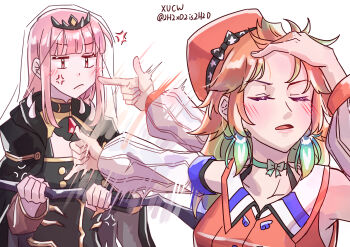 2girls absurdres adjusting_hair afterimage blush bow bow_choker breasts choker cleavage closed_eyes commentary earrings feather_earrings feathers gradient_hair green_choker green_feathers green_hair hand_in_own_hair hand_on_own_head hat highres hololive hololive_english jewelry large_breasts long_hair meme mori_calliope mori_calliope_(1st_costume) motion_blur multicolored_hair multiple_girls naoya_hitting_choso_without_looking_(meme) open_mouth orange_hair orange_hat parody pink_hair scene_reference smear_frame takanashi_kiara takanashi_kiara_(1st_costume) virtual_youtuber xu_chin-wen