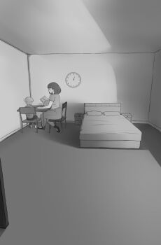1boy 1girl age_difference ass bed bedroom breasts hannyasan huge_ass huge_breasts looking_back medium_hair monochrome original short_hair shota sitting size_difference