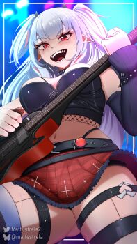 1girl absurdres bare_shoulders belt black_tube_top bracelet breasts collar demon_girl demon_horns fishnets grey_hair guitar highres horns indie_virtual_youtuber instrument jewelry long_hair looking_at_viewer lucy_pyre matt_estrela medium_breasts navel open_mouth panties pentagram pointy_ears red_skirt ring short_twintails single_thighhigh skirt spiked_collar spikes strapless teeth thigh_strap thighhighs thighs tongue tube_top twintails underwear upskirt virtual_youtuber