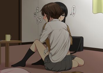 2girls absurdres bag black_hair black_socks blush brown_eyes brown_hair brown_sweater coffee_mug commentary_request cup grey_eyes hand_under_clothes hand_under_shirt highres indoors long_hair mug multiple_girls on_floor original parted_lips ryuusa school_bag shirt short_hair socks speech_bubble sweater table thought_bubble translation_request white_shirt yuri