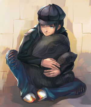 1boy artist_name black_hair black_hat black_jacket demon_(megami_tensei) denim full_body grey_eyes hat highres hug jacket jeans looking_to_the_side maa_tc male_focus newsboy_cap nitta_isamu noah_(megami_tensei) pants shin_megami_tensei shin_megami_tensei_iii:_nocturne shoes short_hair simple_background sitting smile sneakers solo torn_clothes torn_jeans torn_pants