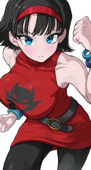 1girl belt black_belt blue_eyes blush bracelet breasts clenched_hand closed_mouth commentary dragon_ball dragon_ball_super dress_shirt hairband highres jewelry large_breasts looking_at_viewer red_hairband red_shirt shirt simple_background sleeveless sleeveless_shirt solo takundraws videl white_background
