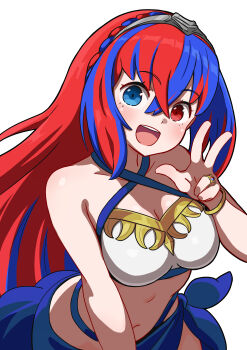 1girl :d absurdres alternate_costume blue_eyes blue_hair breasts cianter female_alear_(fire_emblem) fire_emblem fire_emblem_engage heterochromia highres looking_at_viewer medium_breasts multicolored_hair navel nintendo open_mouth red_eyes red_hair smile split-color_hair stomach two-tone_hair w