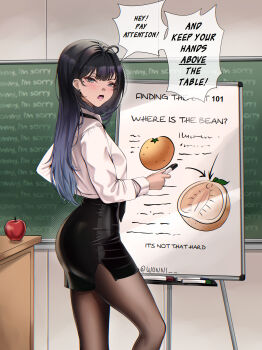 1girl apple ass black_eyes black_hair black_pantyhose black_skirt breasts chalkboard classroom commentary cowboy_shot earrings english_commentary english_text food fruit high-waist_skirt highres indoors jewelry long_hair miniskirt nabi_(wonnikon) original pantyhose sex_ed shirt skirt solo speech_bubble white_shirt wonnikon