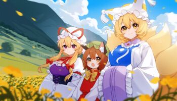 3girls animal_ears blonde_hair blue_sky blue_tabard bow breasts brown_eyes brown_hair cat_ears cat_tail chen chinese_commentary choker closed_mouth cloud commentary_request day dress fafa field flower flower_field flower_request fox_tail green_hat hair_bow hands_in_opposite_sleeves hat hat_ribbon highres kitsune large_breasts long_hair long_sleeves mob_cap mountainous_horizon multiple_girls multiple_tails open_mouth outdoors purple_dress purple_eyes red_bow red_ribbon red_vest ribbon ribbon_choker short_hair sky smile tabard tail touhou twitter_username vest white_dress white_hat yakumo_family_(touhou) yakumo_ran yakumo_yukari yellow_eyes yellow_flower