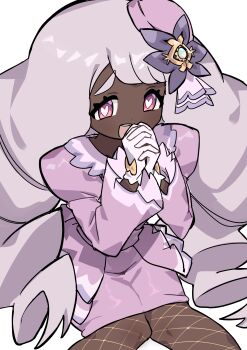 1girl absurdres dark-skinned_female dark_skin dress fascinator fishnet_pantyhose fishnets frills glove_bow gloves hair_ornament highres jacinthe_(pokemon) juliet_sleeves long_hair long_sleeves looking_at_viewer low_drills mega_stone nintendo open_mouth own_hands_clasped own_hands_together pantyhose pokemon pokemon_legends:_z-a puffy_sleeves purple_dress purple_eyes purple_hair simple_background smile solo teeth upper_teeth_only very_dark_skin white_background white_gloves yuateheng