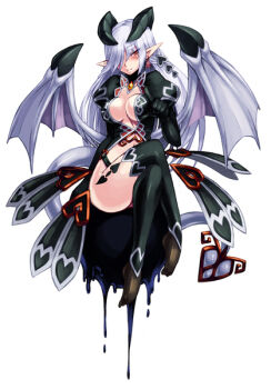 1girl black_gloves blush breasts center_opening crossed_legs dark_elemental demon_girl demon_horns demon_tail demon_wings elbow_gloves elemental_(creature) energy female_focus gloves hair_over_one_eye horns kenkou_cross lilim_(monster_girl_encyclopedia) long_hair looking_at_viewer medium_breasts midriff monster_girl monster_girl_encyclopedia official_art original pale_skin pointy_ears purple_hair red_eyes segmented_horns silver_hair simple_background sitting smile solo tail tattoo thighhighs white_background wings