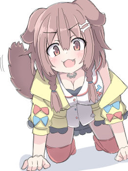 1girl :3 all_fours animal_ears blush bone_hair_ornament braid breasts brown_hair cardigan cartoon_bone cleavage commentary dog_ears dog_girl dog_tail dress hair_ornament hand_fan highres hololive inugami_korone inugami_korone_(1st_costume) large_breasts looking_at_viewer md5_mismatch open_mouth red_thighhighs resolution_mismatch simple_background solo source_smaller tail thighhighs three-quarter_sleeves twin_braids umberblack white_background white_dress yellow_cardigan