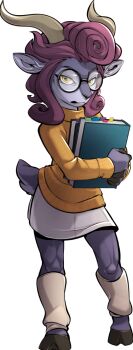 1girl absa_(rivals_of_aether) animal_ears black-framed_eyewear book bookmark closed_mouth commentary english_commentary full_body furry furry_female goat_ears goat_girl goat_horns goat_tail grey_fur highres holding holding_book horns leg_warmers long_hair long_sleeves looking_at_viewer lovers_of_aether marc_knelsen official_alternate_costume orange_sweater pink_hair round_eyewear simple_background skirt solo standing sweater tachi-e tail transparent_background turtleneck turtleneck_sweater white_leg_warmers white_skirt yellow_eyes