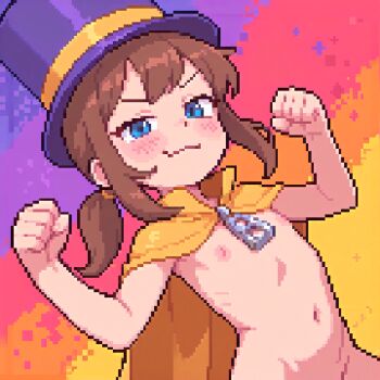 1girl a_hat_in_time blue_eyes blush brown_hair cape casytay closed_mouth commentary english_commentary flat_chest hat hat_kid loli looking_at_viewer lowres nipples pixel_art ponytail purple_hat solo top_hat v-shaped_eyebrows yellow_cape
