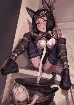 1girl a_tea animal_ear_fluff animal_ears arknights arms_behind_back bare_shoulders bdsm black_boots black_hair black_thighhighs blush bondage boots bound bound_legs breasts brown_eyes collarbone commentary_request dress female_focus hair_ornament hair_tubes highres indoors large_breasts long_hair looking_at_viewer no_panties nude open_mouth pussy rope separated_legs shibari sitting skindentation sleeveless sleeveless_dress solo spread_legs tail thigh_strap thighhighs titi_(arknights) uncensored underwear vase yellow_eyes