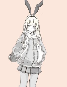1girl alternate_costume bag chakoru greyscale hairband highres jacket kantai_collection long_hair looking_at_viewer monochrome pink_background pleated_skirt scarf shimakaze_(kancolle) shoulder_bag skirt solo spot_color