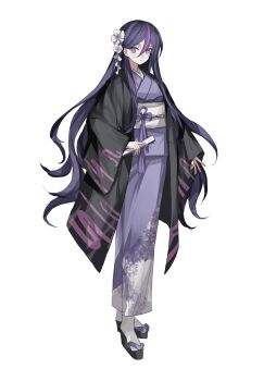 Rule 34 | 1girl, alternate costume, black haori, black sandals, chinese commentary, closed mouth, commentary request, commission, eva (hundred line), flower, flower knot, folded fan, folding fan, hair between eyes, hair flower, hair ornament, hand fan, haori, highres, hira9509, holding, holding fan, japanese clothes, kimono, long bangs, long sleeves, multicolored hair, obi, pink hair, purple eyes, purple hair, purple kimono, sandals, sash, simple background, socks, solo, streaked hair, tassel, the hundred line -last defense academy-, two-tone hair, white background, white flower, white sash, white socks, wide sleeves