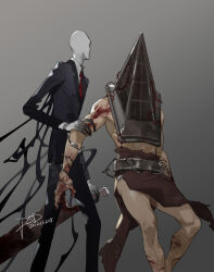 Rule 34 | 2boys, artist name, black jacket, black pants, black suit, blood, blood on arm, blood on hands, blood on leg, collared shirt, covered face, creepypasta, dated, dress pants, faceless, faceless male, feet out of frame, formal, grey background, hand on another&#039;s arm, horror (theme), jacket, male focus, mask, monster, multiple boys, pants, psd (psdgai), pyramid head, red eyes, shirt, silent hill (series), simple background, skinny, slender man, standing, suit, suit jacket, white shirt