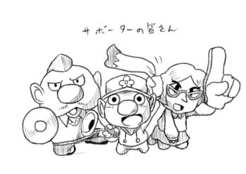 1girl 2boys alph_(pikmin) alternate_costume arm_up baseball_cap big_nose blush_stickers brittany_(pikmin) charlie_(pikmin) collared_shirt commentary_request eyelashes facial_hair flag floral_print foam_finger full_body glasses greyscale hat holding holding_flag hood hood_down hoodie kneeling long_sleeves looking_at_viewer miniskirt mohawk monochrome motion_lines multiple_boys mustache nintendo on_one_knee open_mouth outstretched_arms pants pikmin_(series) pointy_nose shirt shoes short_hair simple_background sketch skirt smile solid_oval_eyes sweater_vest translation_request triangular_eyewear v-neck v-shaped_eyes white_background yamato_koara