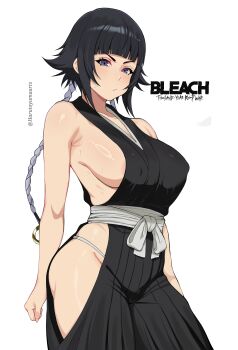 Rule 34 | 1girl, absurdres, alternate breast size (larger), artist name, bare shoulders, black hair, bleach, bleach: sennen kessen-hen, breasts, closed mouth, collarbone, copyright name, female focus, fundoshi, harutoyumaarts, highres, japanese clothes, large breasts, light blush, looking at viewer, medium hair, shiny skin, sideboob, simple background, solo, solo focus, standing, sui-feng, thighs, white background
