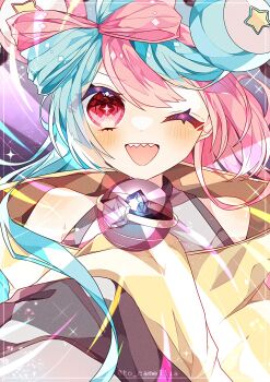 Rule 34 | 1girl, :d, blue hair, bow-shaped hair, character hair ornament, hair ornament, halter shirt, halterneck, highres, iono (pokemon), jacket, long hair, looking at viewer, multicolored hair, nintendo, one eye closed, open mouth, pink eyes, pink hair, pokemon, pokemon sv, purple background, sharp teeth, simple background, sleeves past fingers, sleeves past wrists, smile, solo, sparkle, split-color hair, teeth, tera orb, to camellia, two-tone hair, upper body, yellow jacket