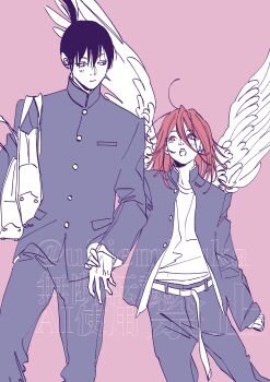 Rule 34 | 2boys, absurdres, angel devil (chainsaw man), angel wings, bag, belt, black hair, black jacket, black pants, brown hair, chainsaw man, closed mouth, commentary request, cowboy shot, gakuran, hair between eyes, hand grab, hayakawa aki, highres, jacket, light blush, long hair, looking at another, male focus, multiple boys, open mouth, pants, pink background, ponytail, red hair, school uniform, shirt, short ponytail, shoulder bag, twitter username, ujiiemiruka, white belt, white shirt, white wings, wings, yaoi