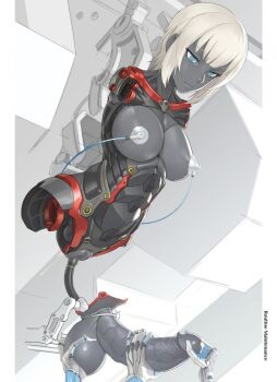 1futa android blue_eyes blunt_bangs border breasts cable colored_skin cum cyborg dark_skin disassembly english_text erection futanari grey_skin hanging large_breasts large_penis looking_down mechanical_arms mechabare medium_hair mikoyan original penis solo testicles uncensored veins veiny_penis very_dark_skin what white_border white_hair